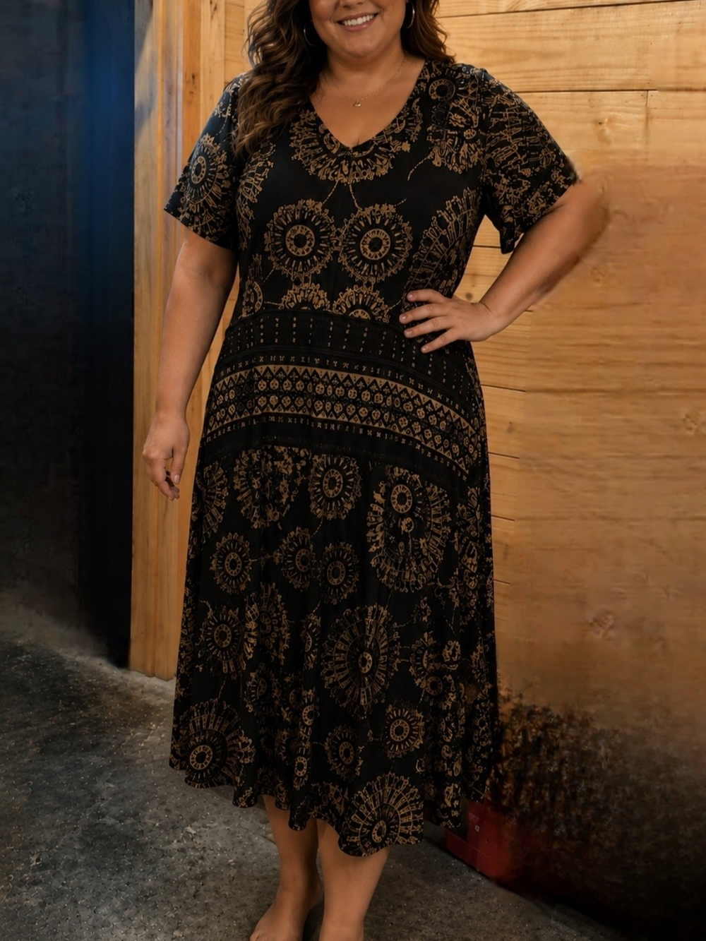 Plus Size Black Maxi Dress with Gold Medallion Print